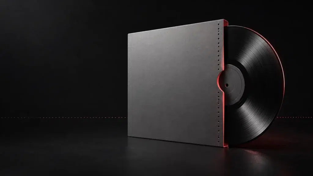 Un disque graphite dépasse à moitié d’une pochette grise perforée.