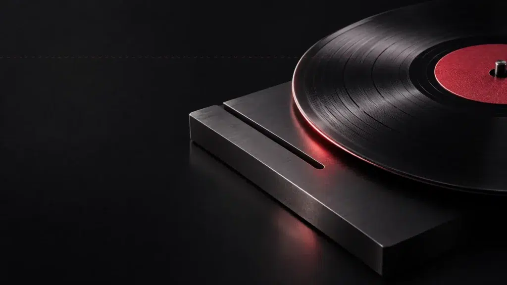 Un disque graphite aligné au bord d’une plaquette métallique sombre.