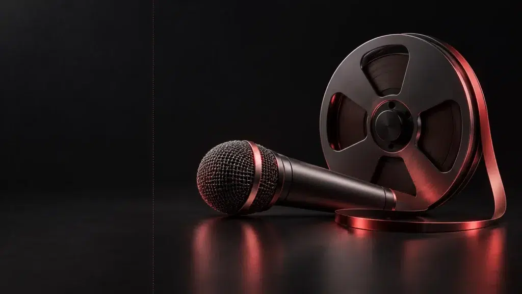 Un microphone graphite à côté d’une bobine audio sombre.