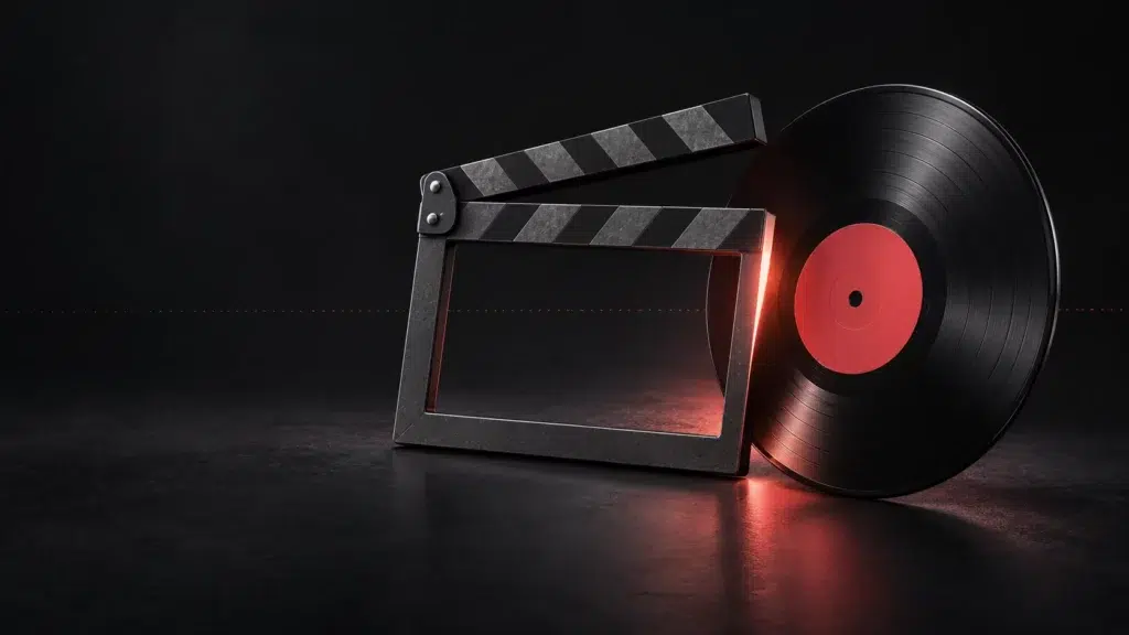 Un cadre graphite touche un disque sombre, avec un reflet corail à leur jonction.