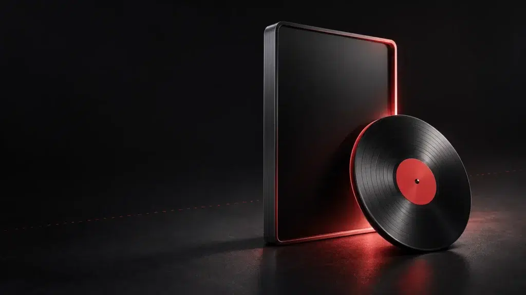 Un cadre vidéo sombre derrière un disque, éclairé par un reflet corail.