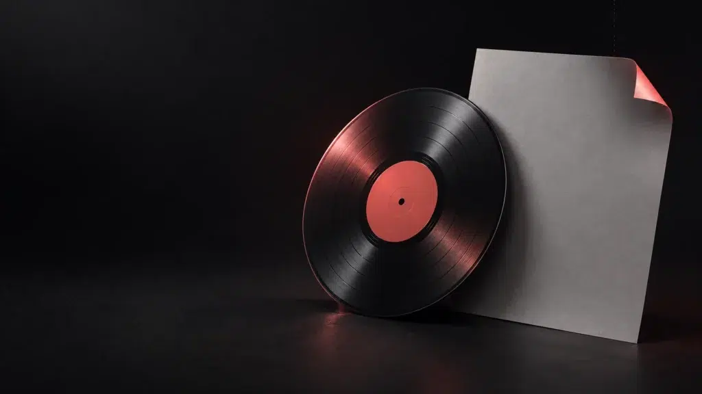 Un disque graphite près d’une feuille vierge à coin replié.