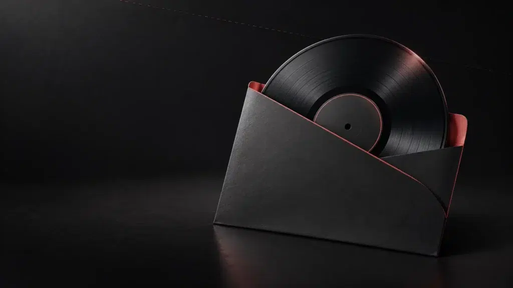 Un disque graphite glissé dans une enveloppe de papier entrouverte.