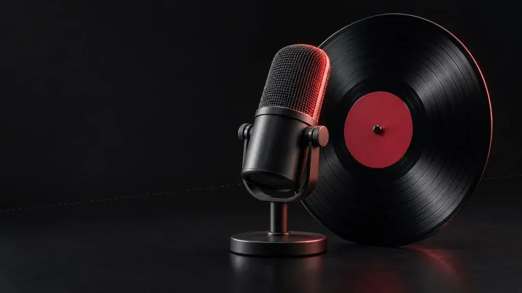 Microphone sombre placé face à un disque.