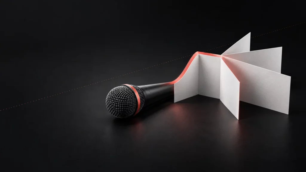 Un microphone à côté d’une feuille vierge pliée en accordéon.