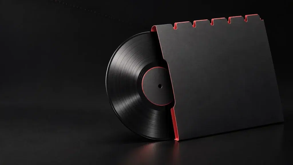 Disque sombre dans une pochette ouverte à onglets.