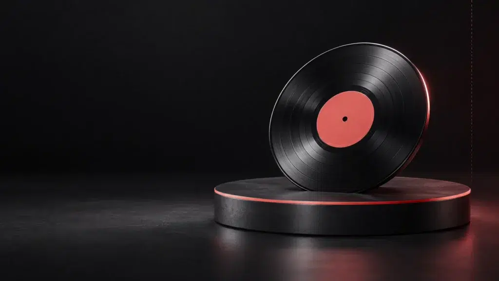 Un disque graphite posé sur un socle de scène bas.