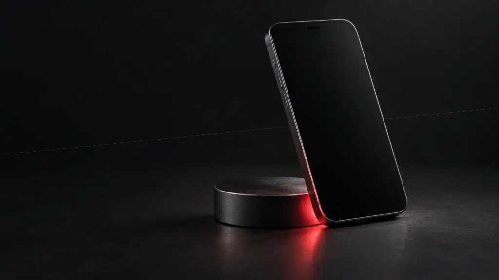 Un téléphone vierge en graphite appuyé sur un petit disque sombre.