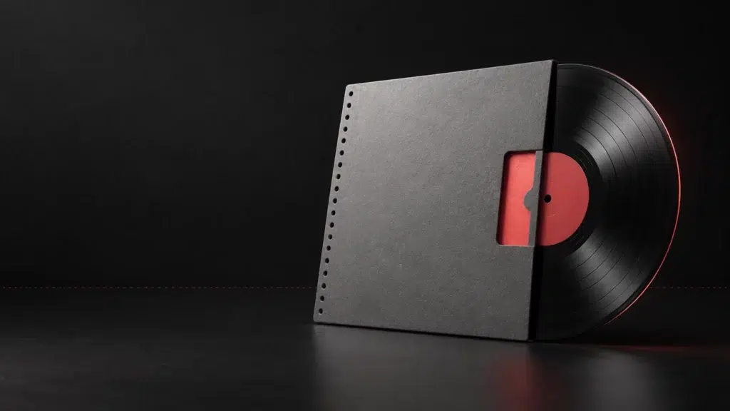 Un disque dans une pochette grise à bord perforé, avec une languette corail.