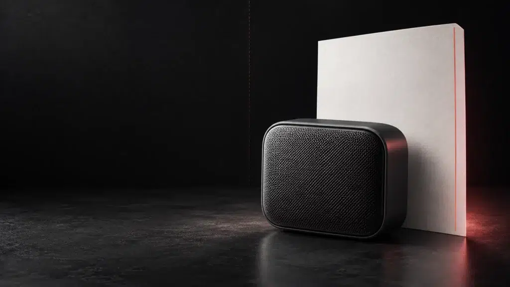 Une enceinte graphite devant une feuille de papier verticale.