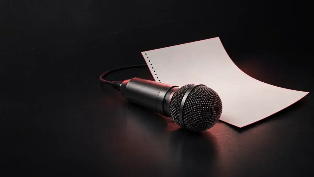 Un microphone graphite à côté d’une feuille de papier courbée.