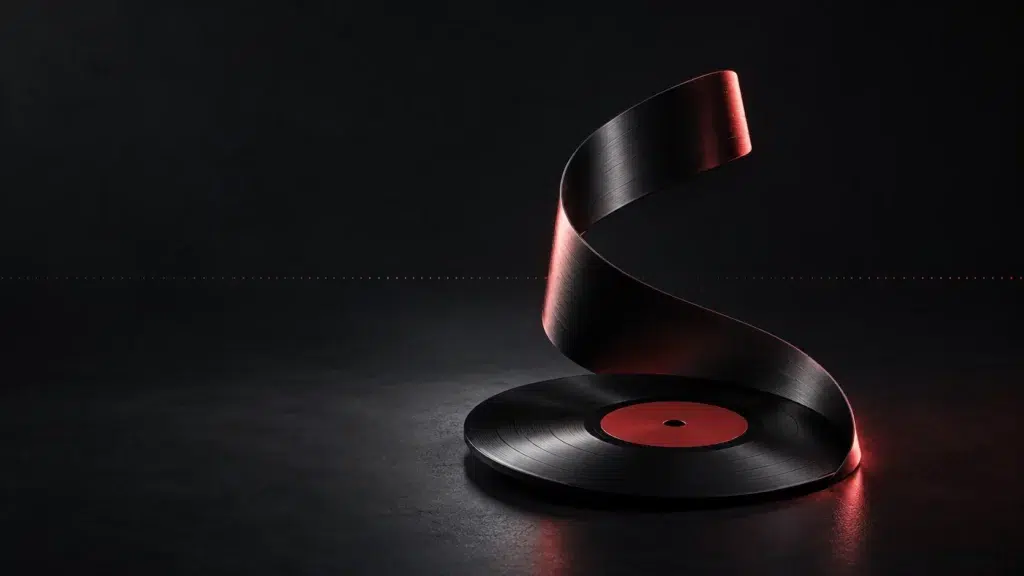 Un ruban de film sombre formant une courbe verticale au-dessus d’un disque.