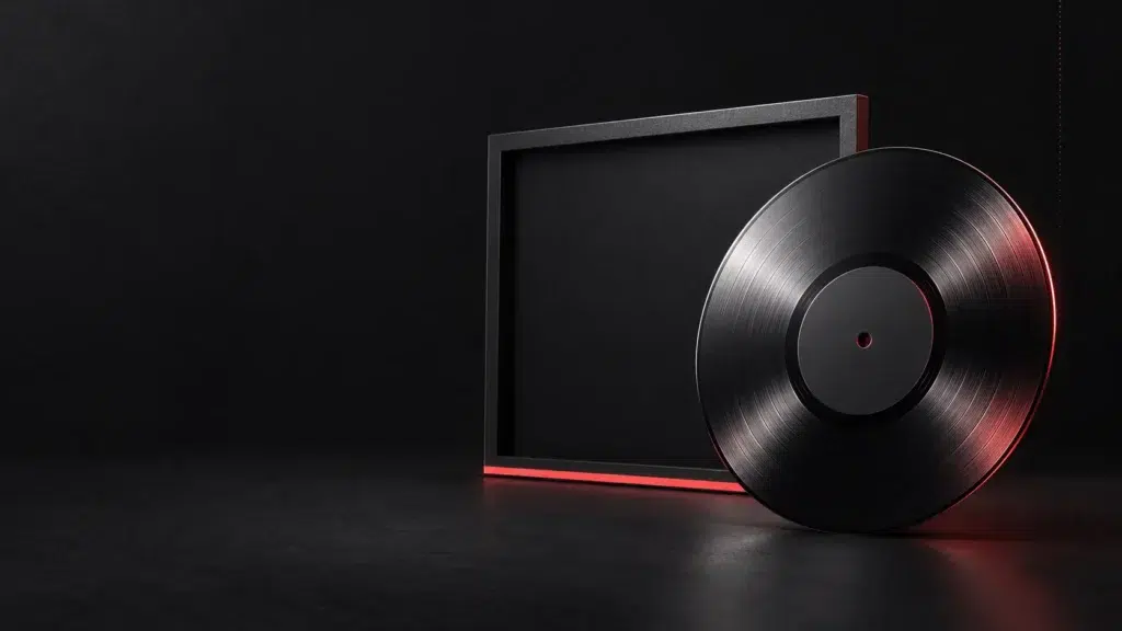 Un cadre rectangulaire vide derrière un disque graphite.