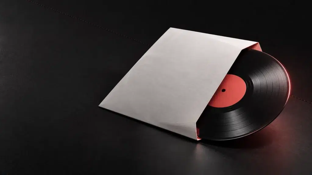 Disque sombre partiellement sorti d’une pochette de papier vierge.