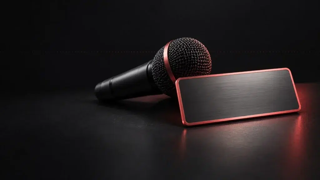Microphone sombre près d’une plaque métallique vierge bordée de corail.