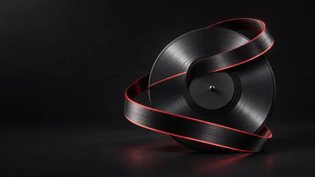 Ruban sombre courbé autour d’un disque graphite.