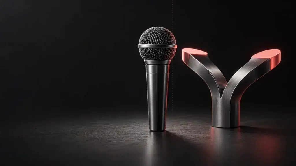 Microphone sombre près d’une pièce métallique à deux branches.