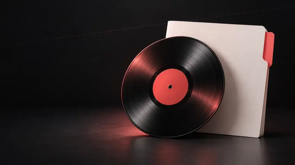 Disque sombre devant une carte vierge munie d’un onglet corail.