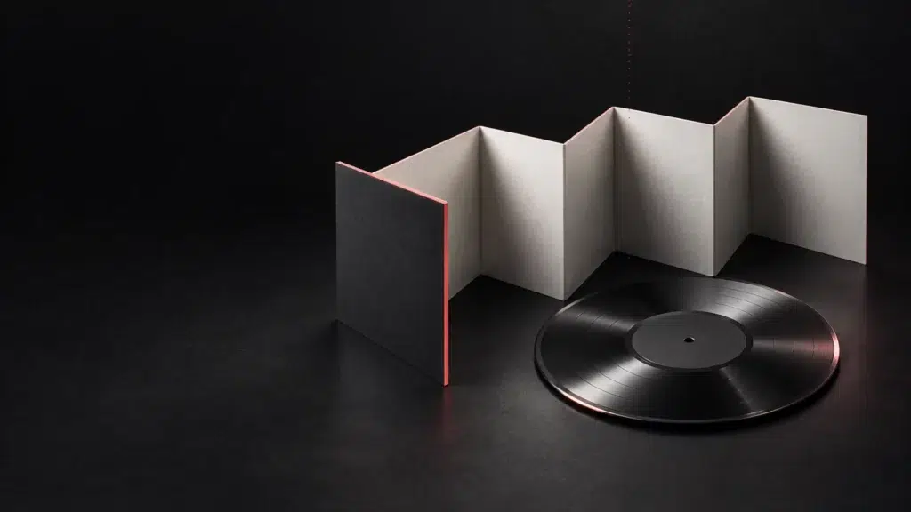 Un livret d’album ouvert à côté d’un disque graphite.