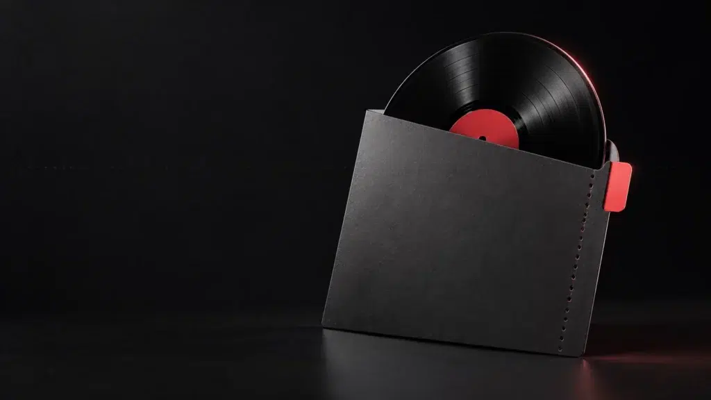 Un disque sombre à moitié inséré dans une chemise graphite à onglet corail.